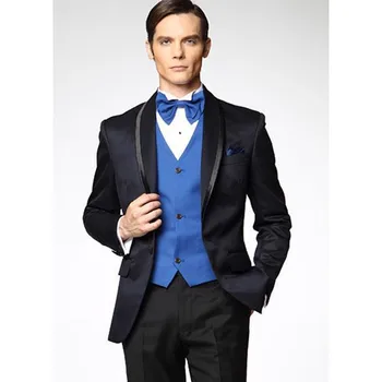 

New Arrival Navy Blue Back Vent Men Tuxedos Shawl Lapel Wedding Suits For Men Formal 3 Pieces Men Suits(Jacket+pants+vest) A061
