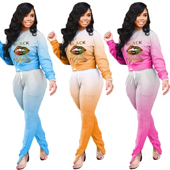 

Echoine Women Autumn Gradient Black Queen Lips Print Sweatshirts Jogger Pant Suit Two Piece Set Sport Tracksuit Outfit Matching