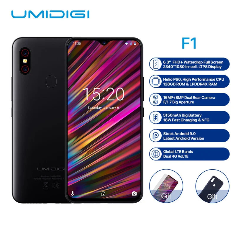 UMIDIGI F1 cep telefonu Android 9.0 6.3 inç FHD + 128GB ROM 4GB RAM Helio P60 Octa çekirdek 5150mAh hızlı şarj NFC 16MP Smartphone