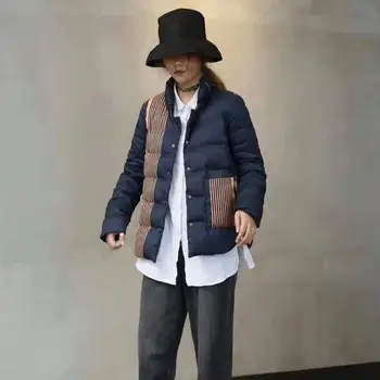 

Winter fashion striped printed white duck down coats female stand collar single breasted warm duck down coat F341