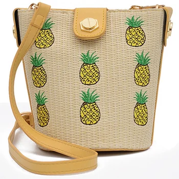 

Ladies Beach Straw Embroidery Pineapple Buckle Bag Casual Bucket Bag Fashion Shoulder Bag