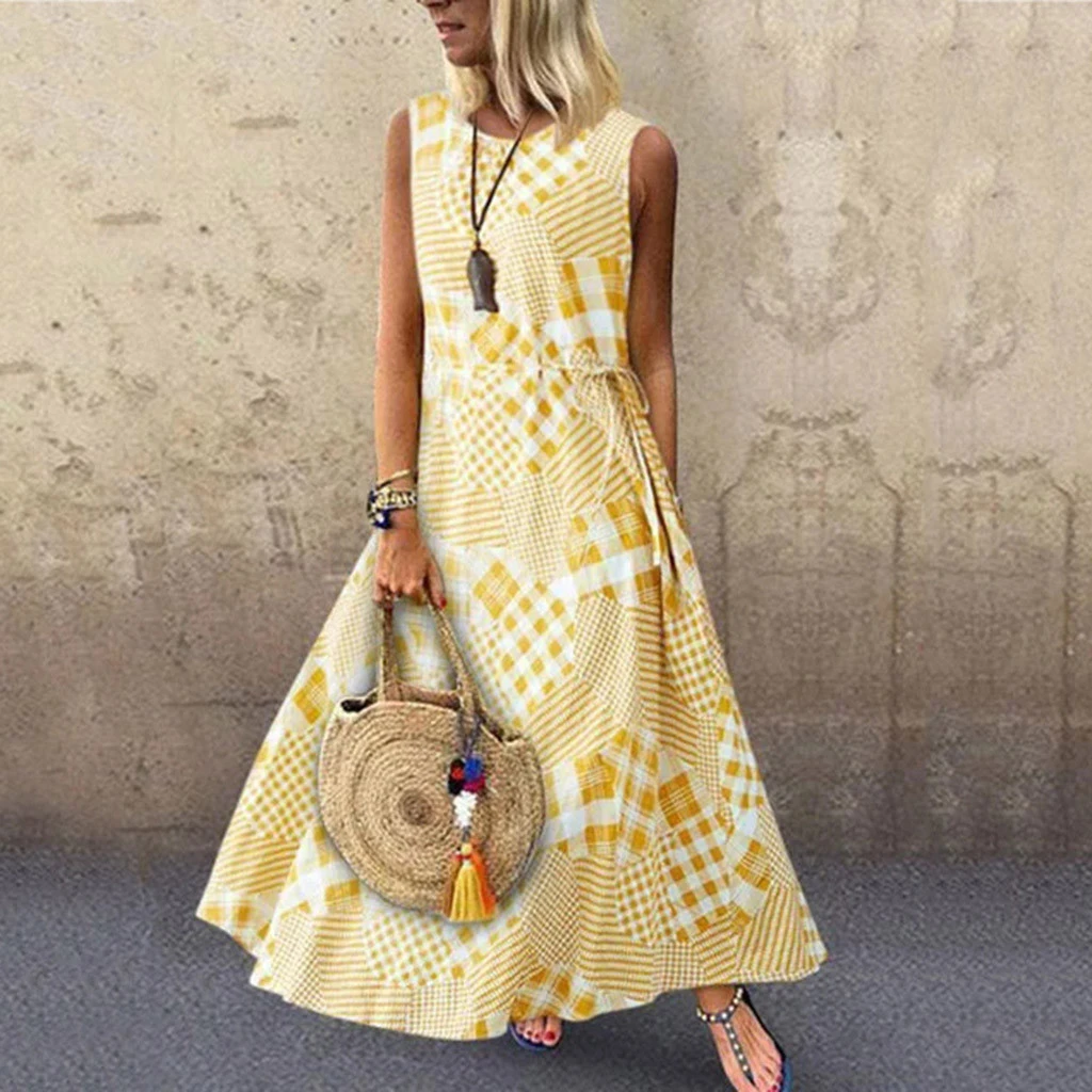 Women Sexy Lace Dress Vintage Print Patchwork O-Neck Sleeveless Summer Plus Size Maxi Long Ladies Dresses Elegant Girls  723