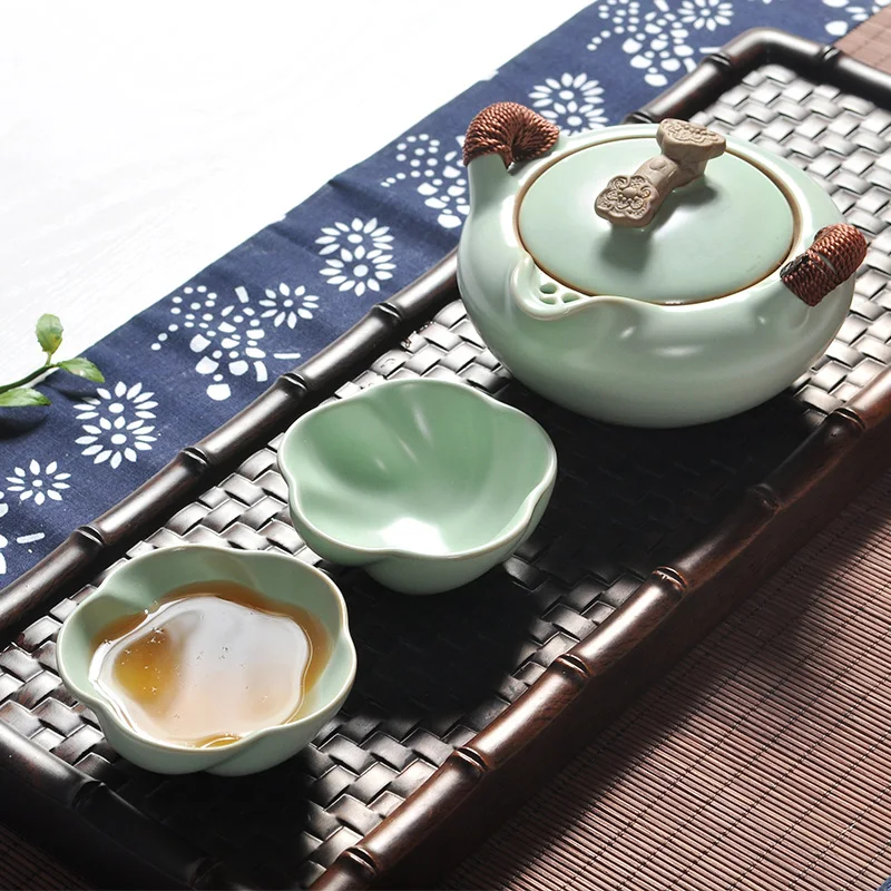 1 Pot 2 Cups Smoothness Ru Kiln Porcelain Tea Sets Celadon Teapot Cup Portable Travel Set Teaset Quik Teacup | Дом и сад