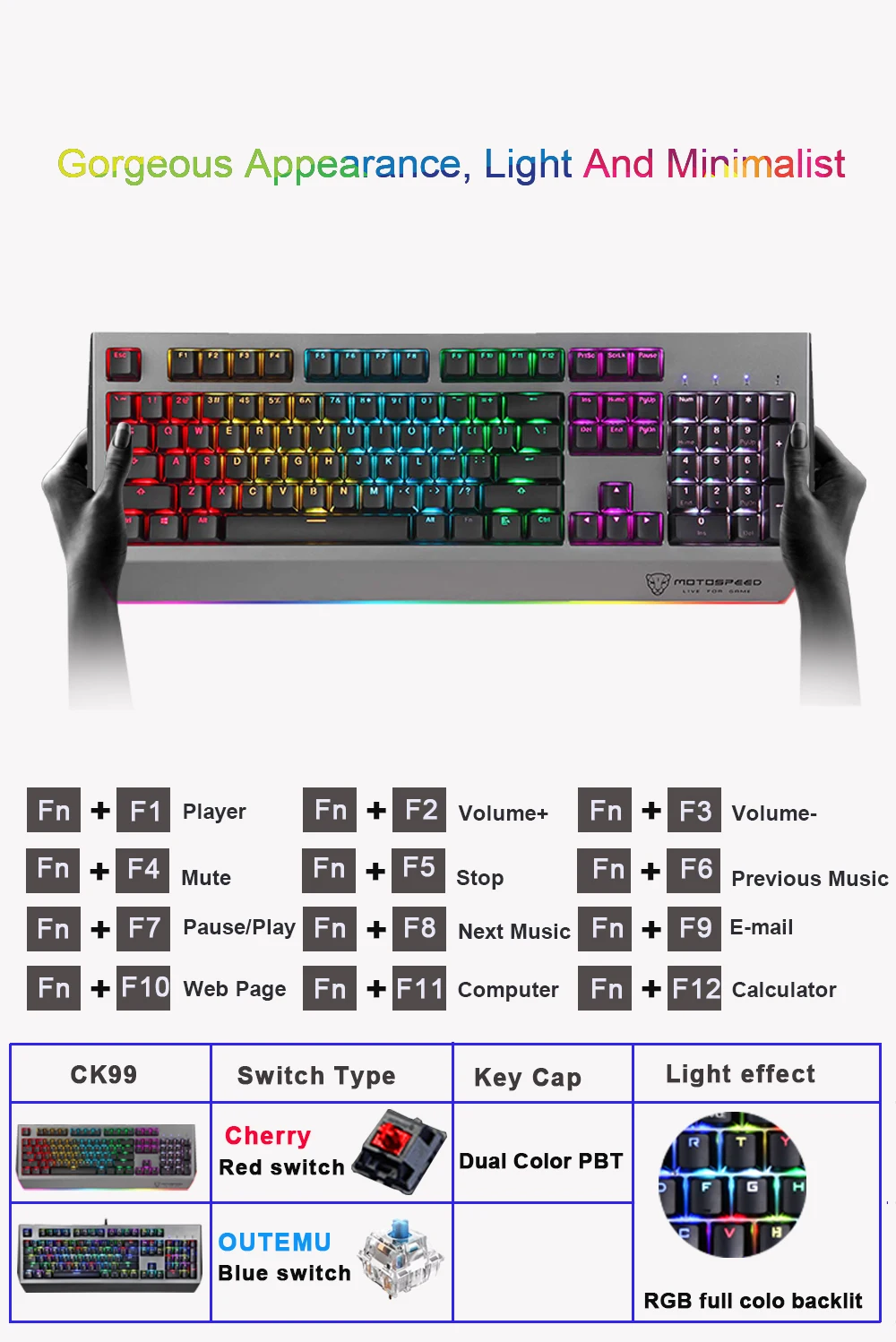 MOTOSPEED CK99 RGB механическая клавиатура Вишневый красный переключатель анти-призрак 12 освещение 104 клавиш креативный новейший дизайн линкор