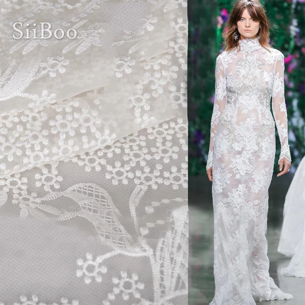 

Elegant white floral embroidery organza silk fabric apparel for wedding dress cotton silk tissu tecidos stoffens tela 8mm SP5338