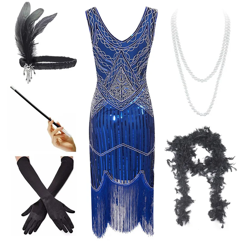 Платья размера плюс 4XL женские Хлопушка 1920s блестки бисером бахромой платье Грейт Гэтсби w/Набор аксессуаров XS-XXXXL - Цвет: Blue Set