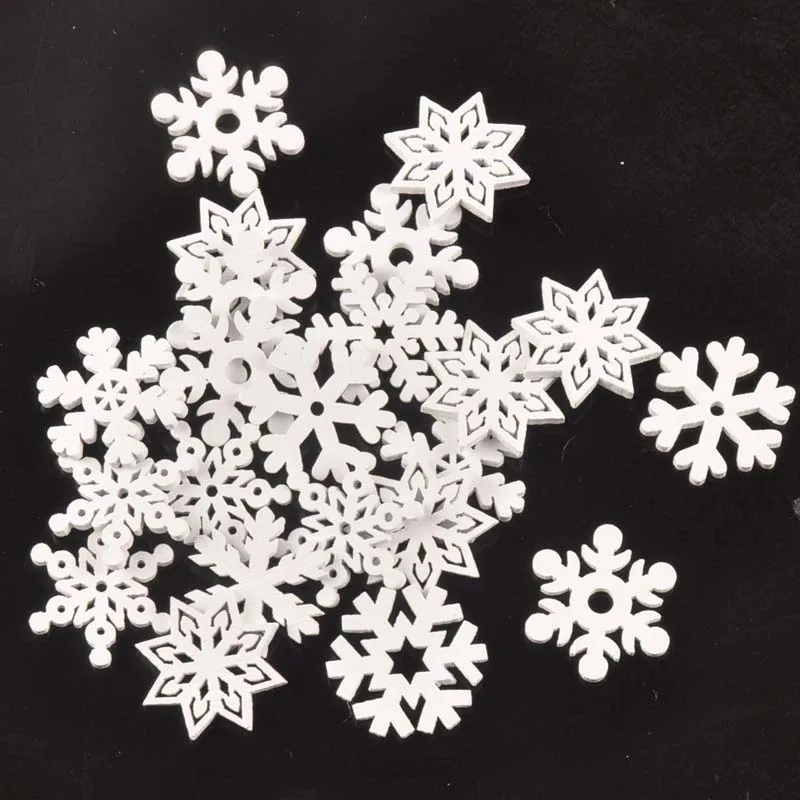 50pcs Mixed Wood White Christmas Snowflake Scrapbooking Crafts For DIY Handmade Accessories Home Decoration Tree Ornament M2160