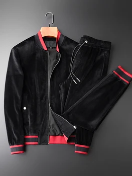 

New Pleuche Sweatshirts Men Winter And Autumn Contrast Color Rib Casual Sport Sets (sweatchirt+pants) Slim Fit Plus Size 4XL