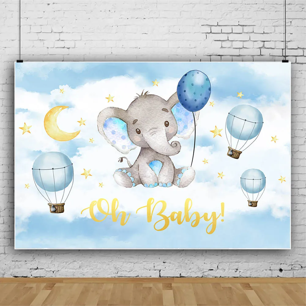 Mocsicka Oh Baby Newborn Shower Backdrop Elephant Hot Air Balloon Gold Star Photo Background Blue Sky White Cloud Decoratio | Электроника