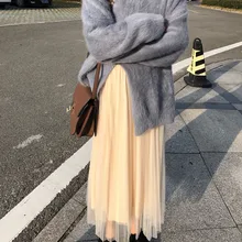 Юбки из тюля размера плюс, женские, шикарные, эластичные, высокая талия, корейские, длинные, вечерние, для девушек,, Осенние, зимние, сетчатые, юбки для женщин