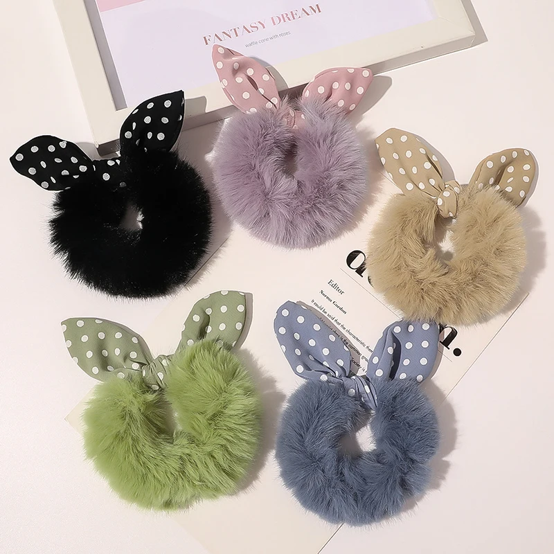 

Cute Plush Rabbit Ear Elastic Hair Bands Women Floral Striped Faux Rabbit Fur Scrunchies Rubber Band Hair Ties Hair Accessories