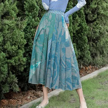 

Literary Printing Pleated Skirt Women Fashion Abstract Pattern A Line Skirts Elegant Autumn Winter Clothes Women XJ2636