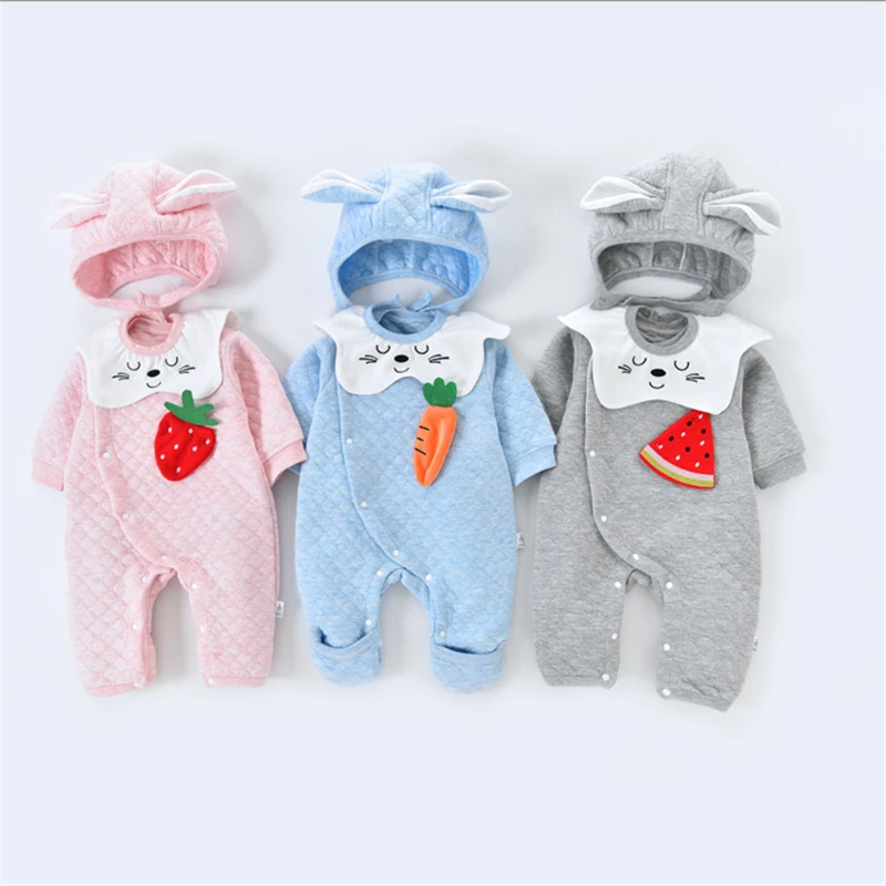 Baby Boys girls Carrot Strawberry watermelon Long Sleeve Rompers rabbit Hat Cartoon saliva towel Set Kids Jumpsuit | Детская одежда и