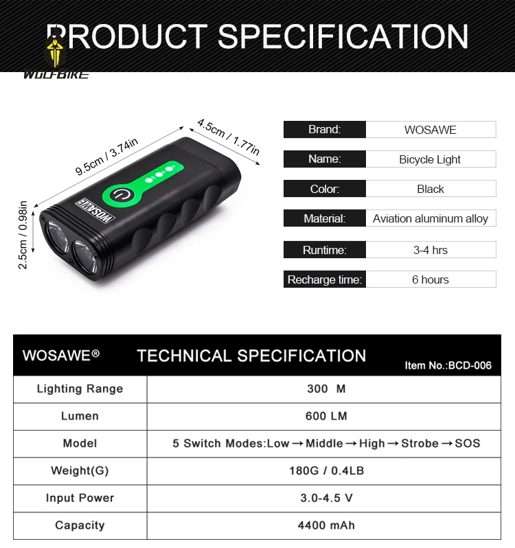 Wolfbike велосипедные фонари светодиодный Мощный встроенный аккумулятор USB Перезаряжаемый 5 режимов Ночная езда на велосипеде кемпинг походные фонари