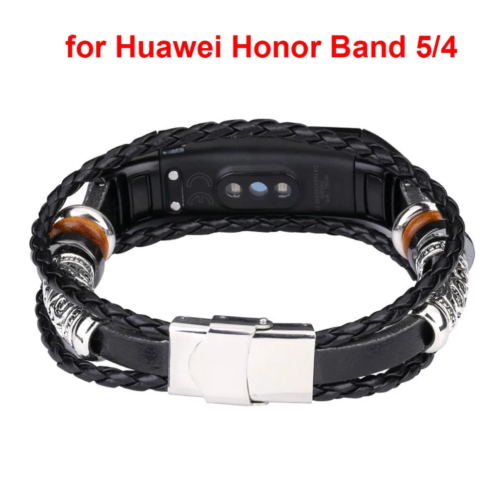 Заменяйте кожаный браслет с бисером, совместимый с Huawei Honor Band 5/4, ремешок для наручных часов, Плетеный ретро кожаный ремешок 40AUG26