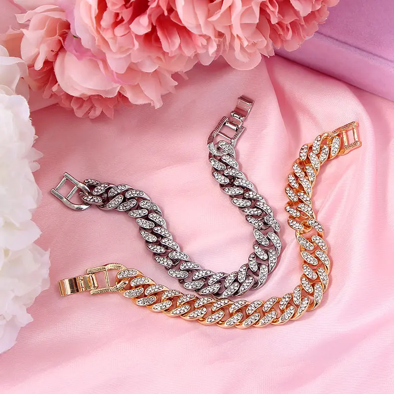 New Fashion Luxury 12mm Iced Out Cuban Link Chain Bracelet for Women Men Gold Silver Color Bling Rhinestone Bracelet Jewelry
