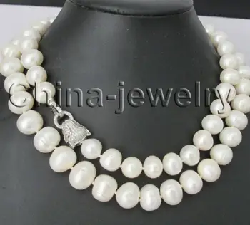 

Fashion jewelry Free Shipping 35" 9-10mm natural white round freshwater pearl necklace - 925 silver