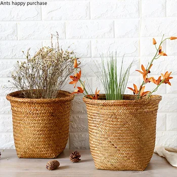

Round Woven Storage Basket Flower Pot Set Trash Bin Clothing Storage Bucket Sundries Storage Basket Gardening Basket No Cover