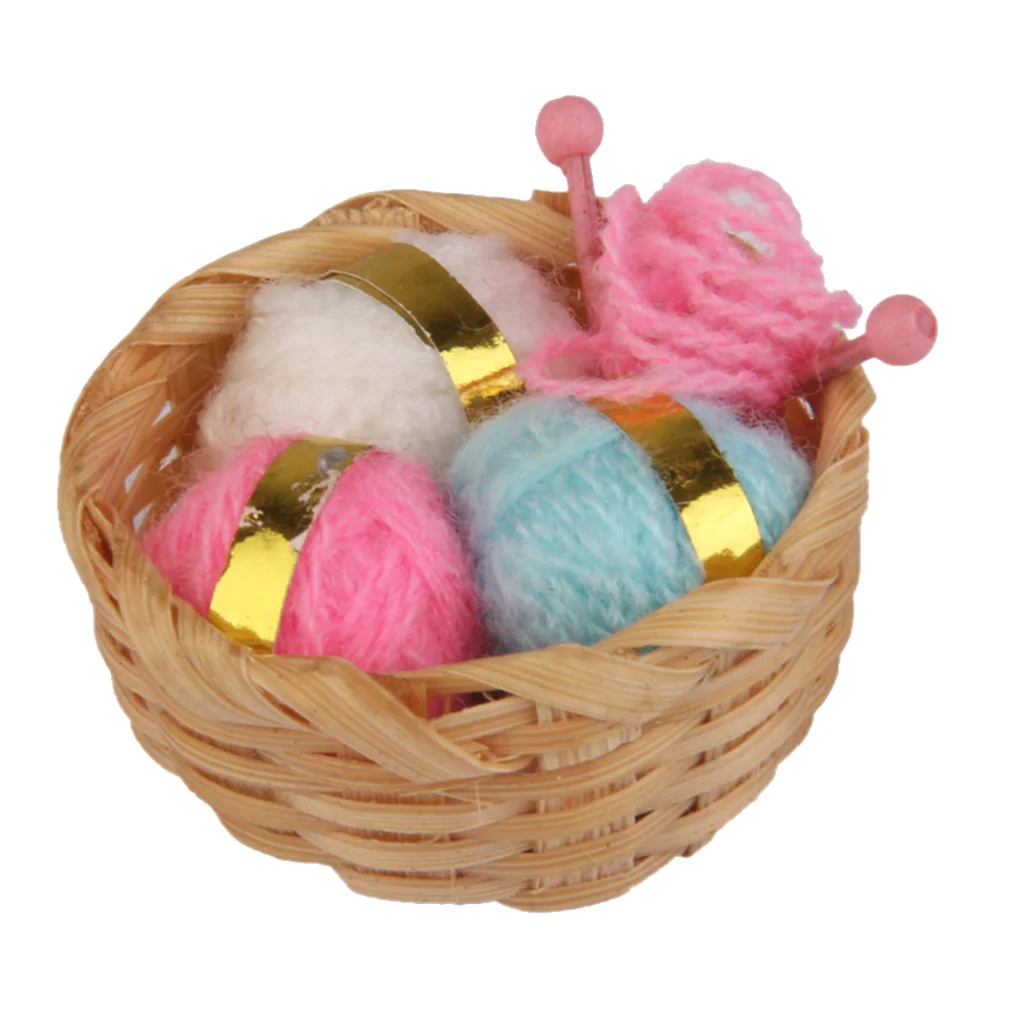 1/12 Knitting Work Bamboo Basket w.Woolen Threads Needle Dollhouse Accessory