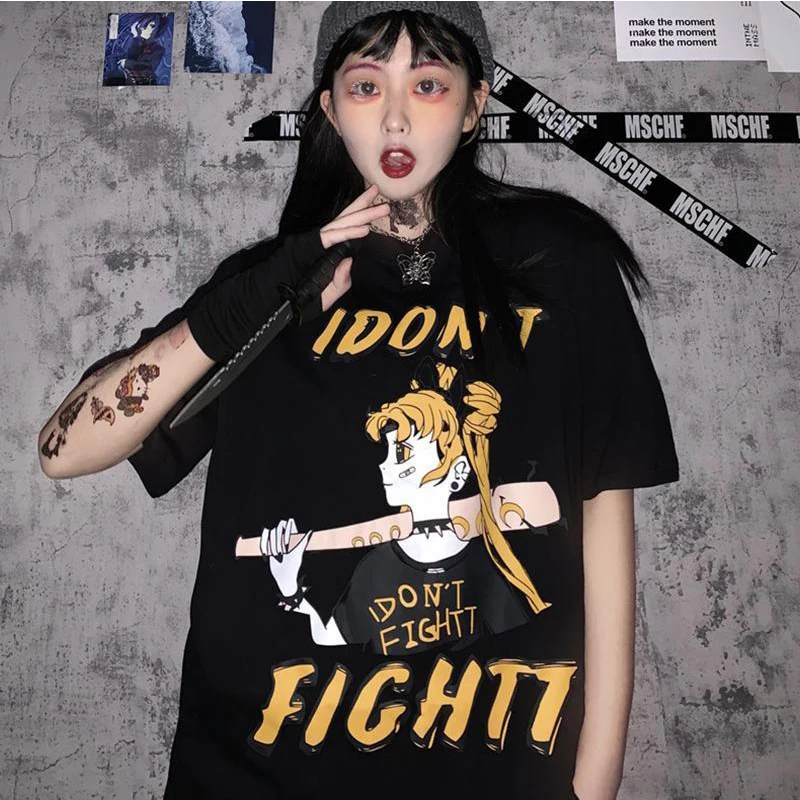 Summer Cool Short Punk Gothic HipHop Tshirt Harajuku Sleeve T Shirt Sailor Moon Print Vintage T-shirt Streetwear Oversize tops
