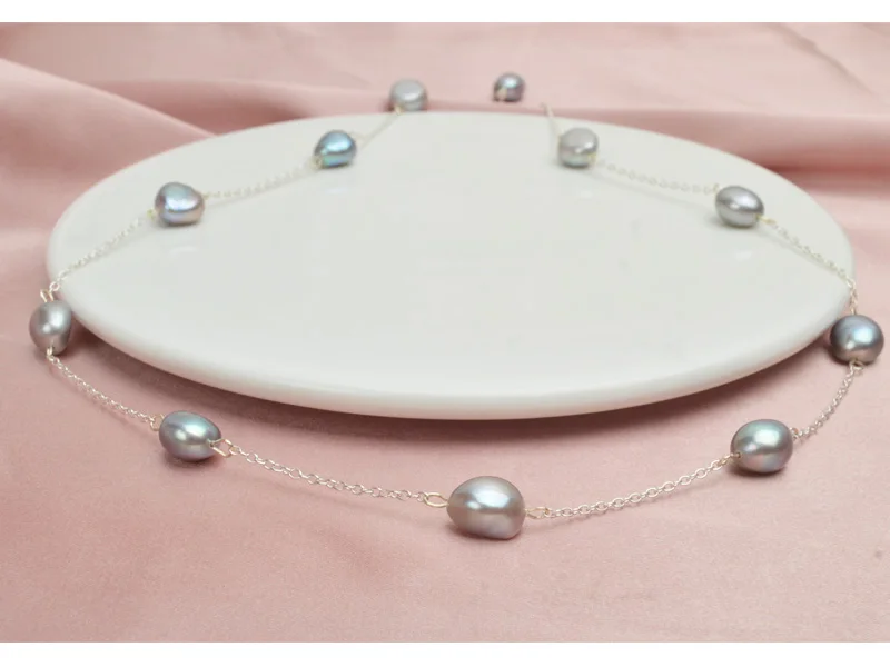 ASHIQI настоящая длинная Серебряная цепочка из стерлингового серебра 925 пробы ожерелье 9-10 мм натуральный барокко freahводный жемчуг ювелирные изделия для женщин Дамский подарок