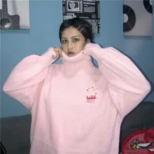 NiceMix каваи мультфильм вышивка розовый водолазка Лолита зима осень свободный свитер корейский негабаритных пуловер Harajuku вязаный Топ