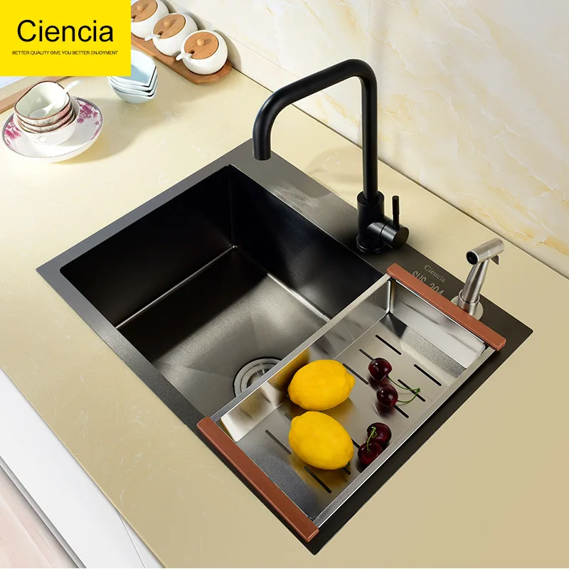 

304 Stainless Steel Black And White with Pattern Kitchen Sink Set Thick Handmade Slot Single Sink Kitchen Sink Table Basin Drop-