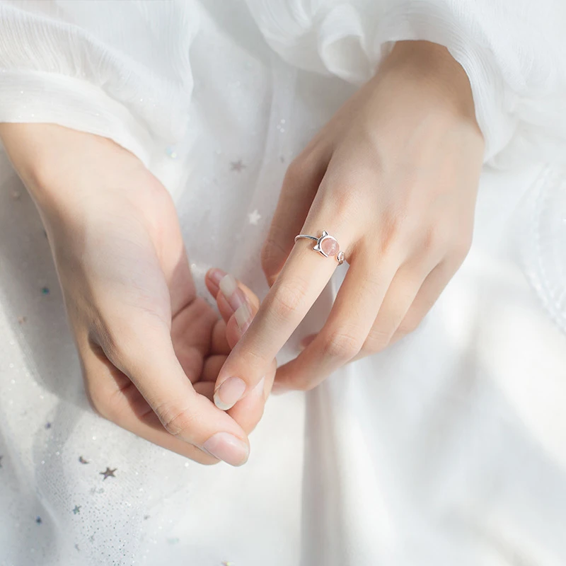 Modian Pink Crystal Cute Cat Face Open Adjustable Ring for Women Fashion Sterling Silver 925 Animal Ring Fine Jewelry Bijoux