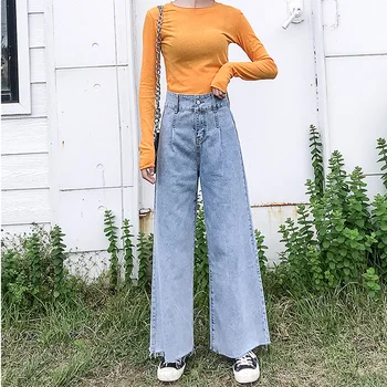 

2020 Wide Leg Jeans Female Autumn New High Waist Straight Small One Nine Points Drape Loose
