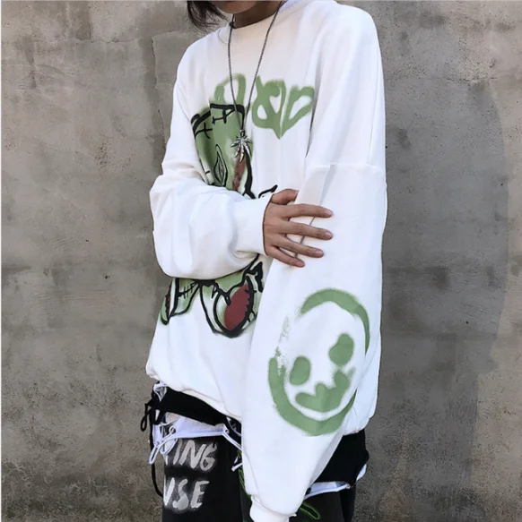 NiceMix Autumn Punk Hoodies Women Cool Print Sweatshirt Korean Harajuku Sweatshirt Black Winter Japan Doodling Hoodie Streetwear