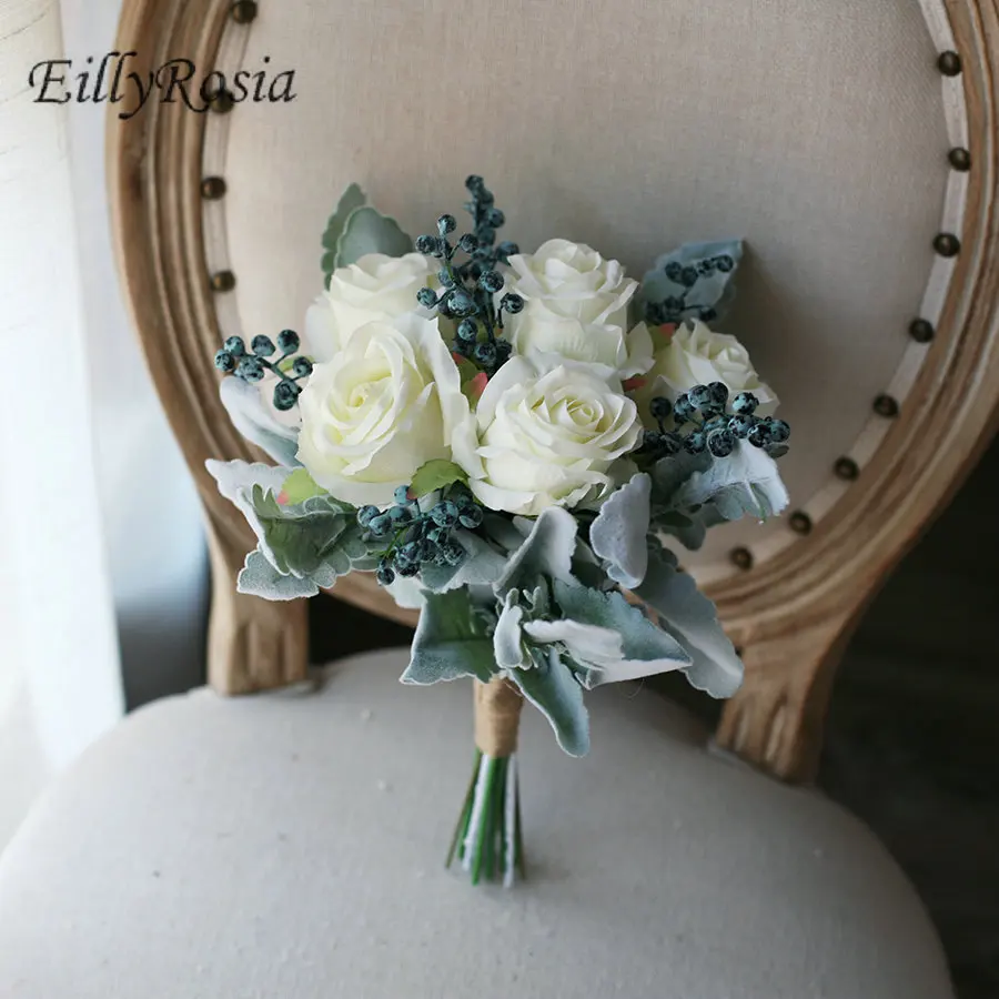 

EillyRosia белые розы синие ягоды Свадебные цветы для букета подружки невесты хризантемы горничная честь свадебные цветы