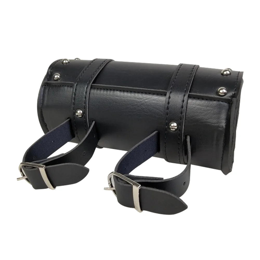 2021 New Motorcycle Fork Bag Leather Cruiser Tool Roll Barrel Bag Fork Barrel Shape Handlebar Black Saddlebags Storage