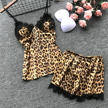 

Women Leopard Printed Lace Night Dress Lingerie V Neck Night Gown Summer Sleepwear Spaghetti Strap Nighty Sleep Wear