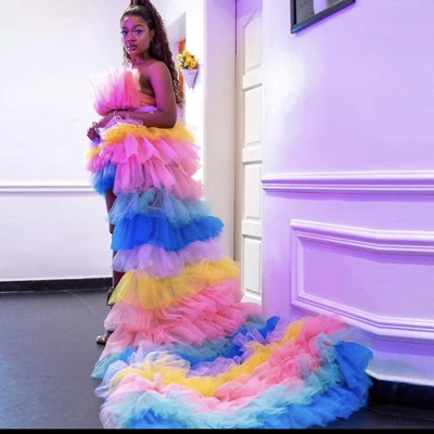 

Rainbow Colorful High Low Tiered Tulle Dresses Women Off Shoulder Dress With Long Train Ruffle Girls Party Cocktail Formal Gowns