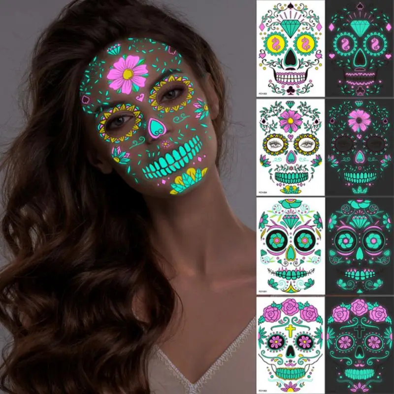 Day Of The Dead Face Tattoos Halloween Makeup Temporary Sticker Kit Luminous Skeleton Sugar Skull Fake Tattoo Women | Дом и сад