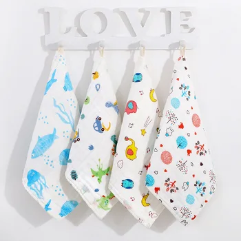 

Pure Cotton Class a Six-Layer Gauze Square Towel Baby Small Towel Cartoon Printing Maternal and Infant Bedding on Behalf of Hair