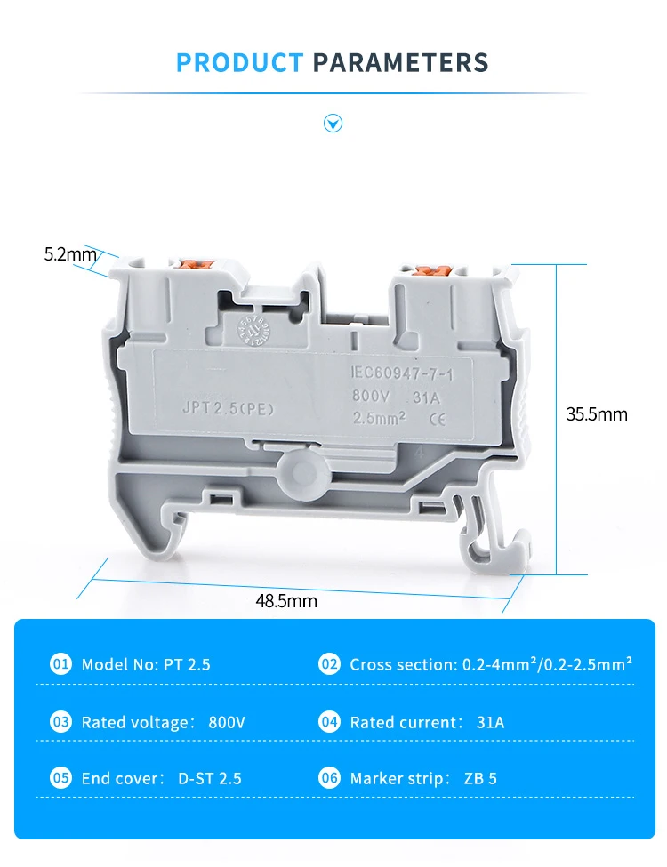 10pcs Din Rail Terminal Block PT-2.5 Push In Terminal Connector Spring Screwless Electrical Wire Conductor Terminal Block PT2.5