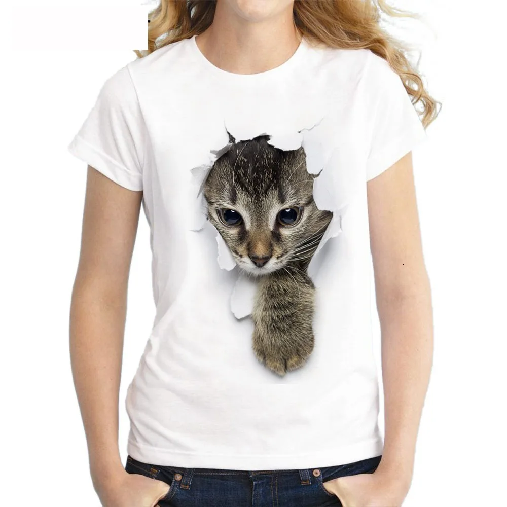 Women's harajuku style t-shirt, fashion casual short-sleeved, 3d cat print t-shirt, with round collar, simple clothes tees