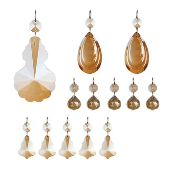 

H&D 13pcs Champagne Crystal Chandelier Icicle Prisms Lamp Candelabra Replacement Parts DIY Crystal Curtain Pendants Home Decor