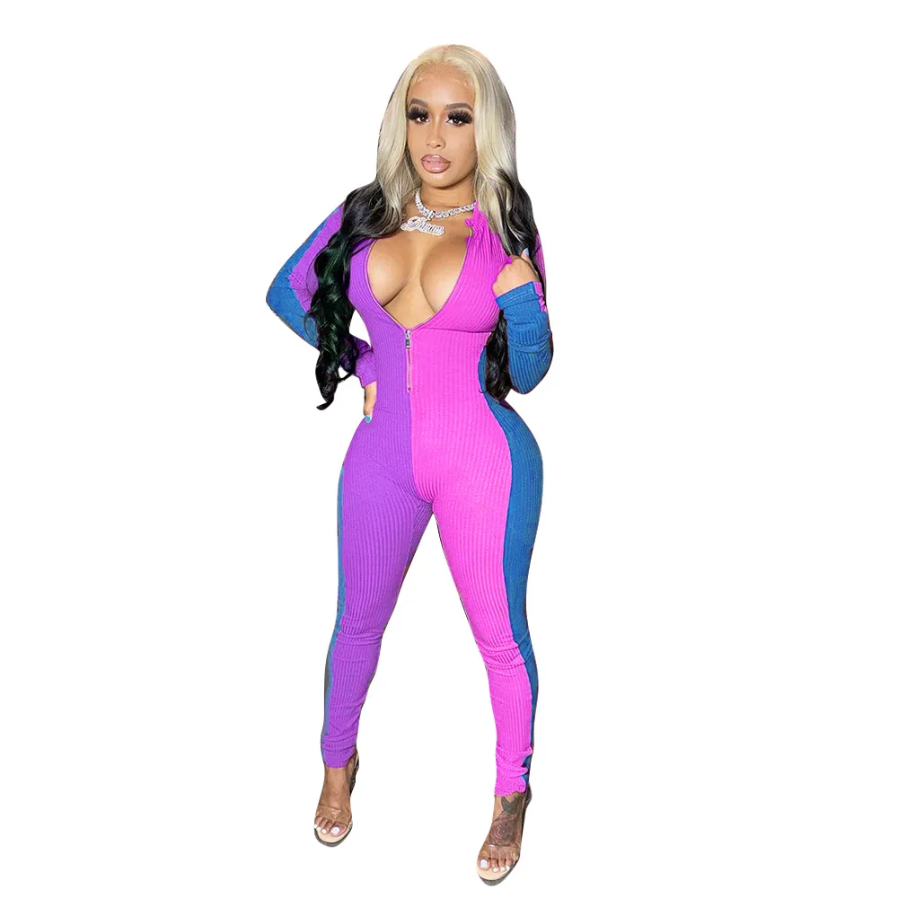 2020 Hot Selling Bodycon Jumpsuits Fashion Sexy Patchwork Zipper Tight Long Sleeves Casual Sport Jumpsuits