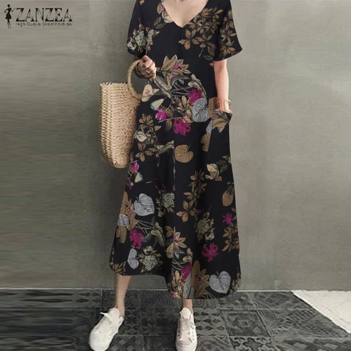 ZANZEA 2022 여성 긴 맥시 여름 드레스 캐주얼 코튼 린넨 숙녀 빅 포켓 비치 파티 가운 Femme Vestidos 5