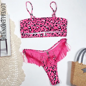 

LOVE & LEMONADE Bandeau Leopard Print Cut Out Fring Bikini LMSW11