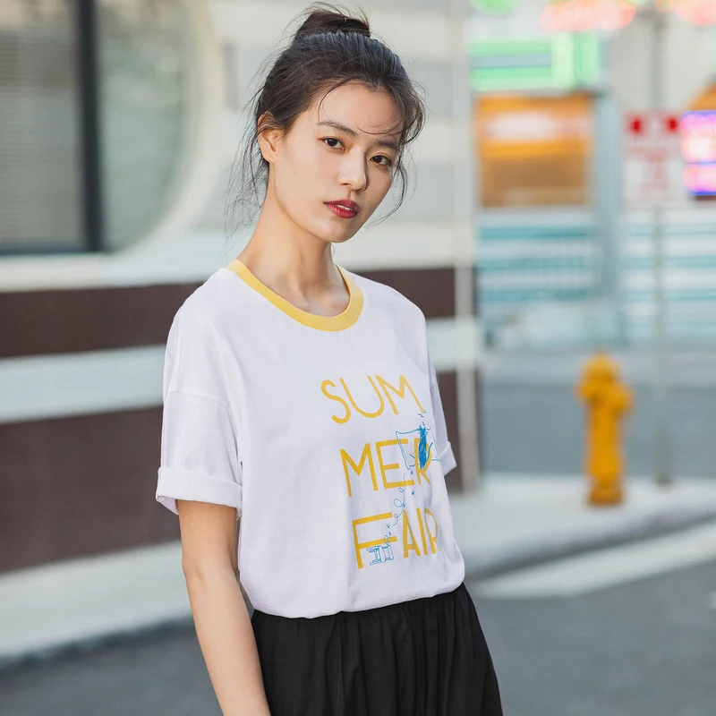 INMAN 2020 New Arrival Grilish Contrast Color O-neck Cotton Half Sleeve Loose Print T-shirt | Женская одежда