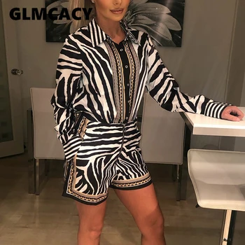 

Women Zebra Print Buttoned Shirt & Shorts Sets 2 Pieces Outfits Turn Down Collar Long Sleeve Tops and Shorts Casual Workwear