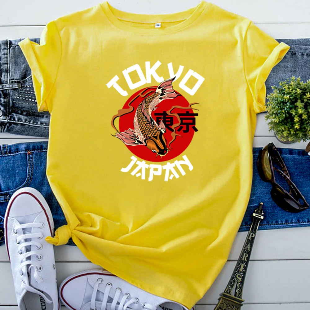 Woman T Shirt Japanese Tokyo Koi Printing T Shirt For Women'S Vintage Oversized Woman Clothing Gothic Round Neck Women T-Shirt