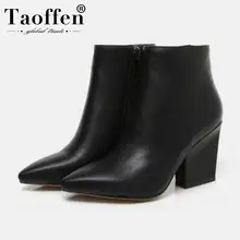 Taoffen Women High Quality Pointed Toe High Heels Ankle Boots Office Ladies Sexy Zipper Shoes Woman Motorcycle Boots Size 32-43