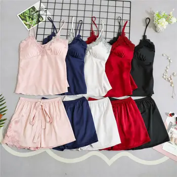 

5 Colors Lace Cami Pajama Sets Women Solid V-neck Tank Shorts Set 2020 Summer Casual Nightwear Ladies Sexy Satin Slik Sleepwear