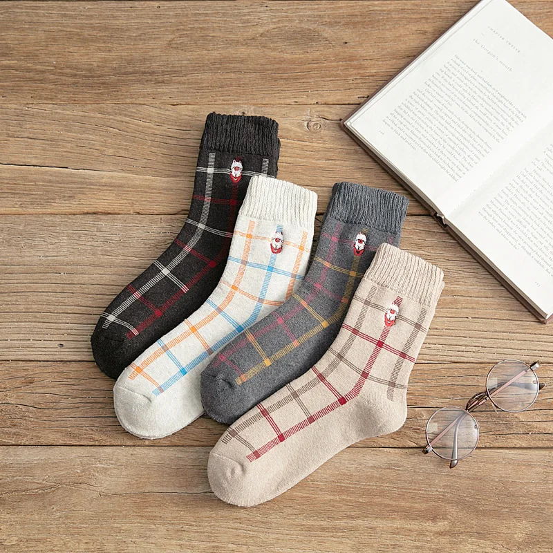 Dreamlikelin/милые плотные теплые носки в японском стиле с вышитым котом; зимние носки; винтажные клетчатые носки; подарки для девочек