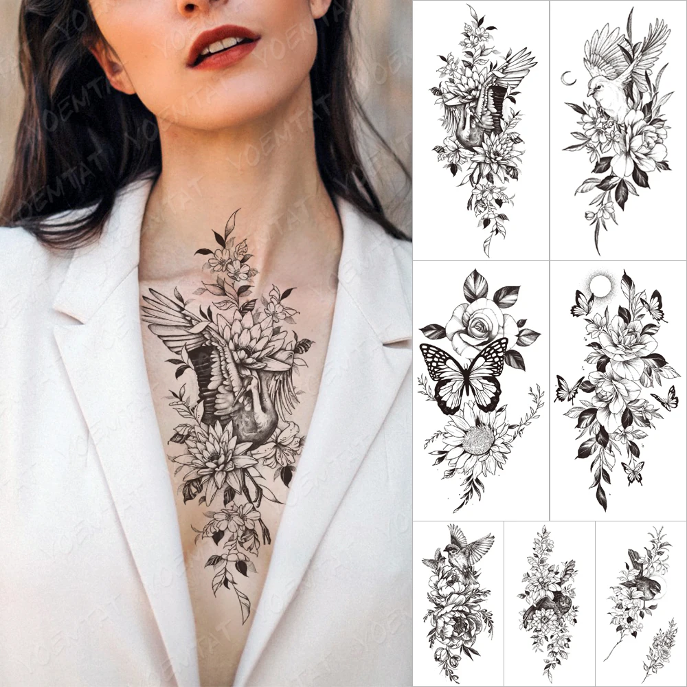 

Waterproof Temporary Tattoo Sticker Bird crane flower plant Flash Tattoos butterfly sun moon Body Art Arm Fake Tatoo Women Men