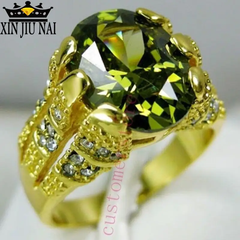 

New Fashion Male Peridot Oval Finger Ring Luxury Big Crystal Zircon Stone Ring 14KT Yellow Gold Promise Engagement Rings For Men